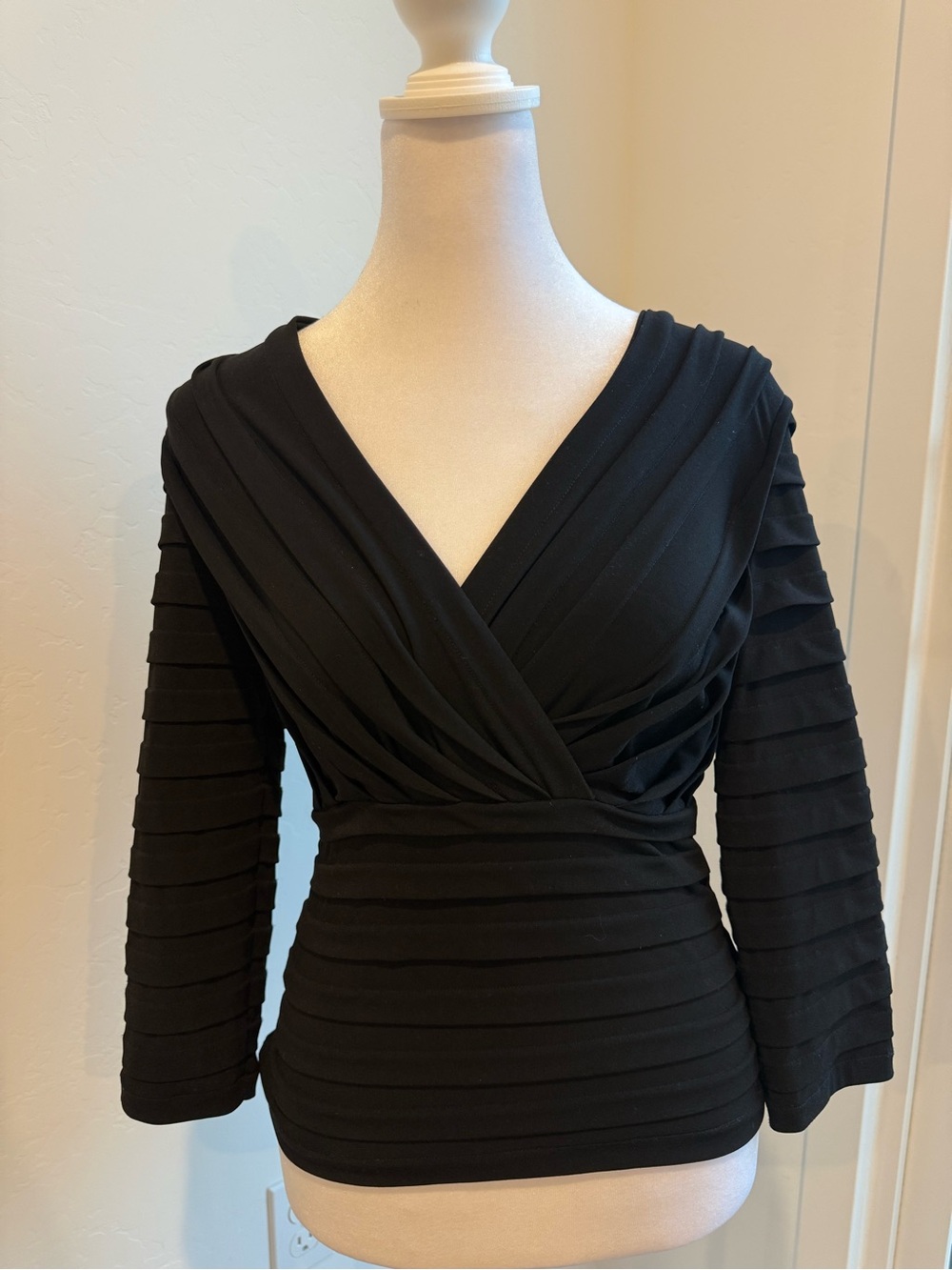 Xscape Black Pleated Surplice Neck Top